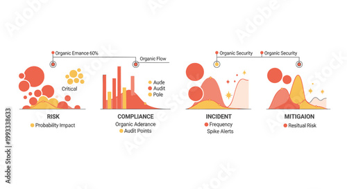 Cybersecurity threat analysis, risk assessment icons, compliance infographics, incident response, mitigation strategies