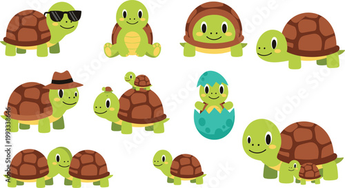Cute Cartoon Turtle Collection with Funny Characters Baby Hatchling and Family Tortoise Set for Kids Illustration and Animal Design