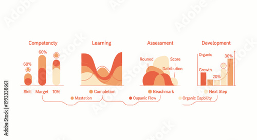 Infographic elements, business growth charts, competency development icons, learning assessment graphs, vector
