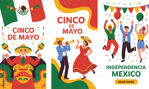 Colorful cinco de mayo celebration with mexican symbols and dancers