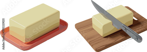 Butter Block on Tray and Cutting Board with Knife Illustration Dairy Product Ingredient for Cooking Baking Kitchen Food Preparation Design