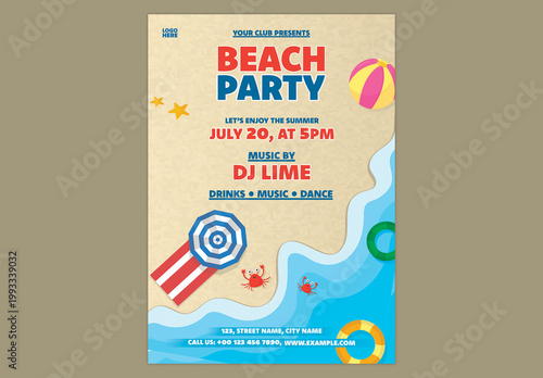 Editable Summer Beach Party Flyer Template Design with Pool Elements for Club Event Promotion.