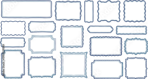 Blue hand drawn ornamental frames and vintage borders set of decorative rectangular shapes on transparent layers.