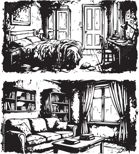 Sketchy Interior of Abandoned Bedroom and Living Room