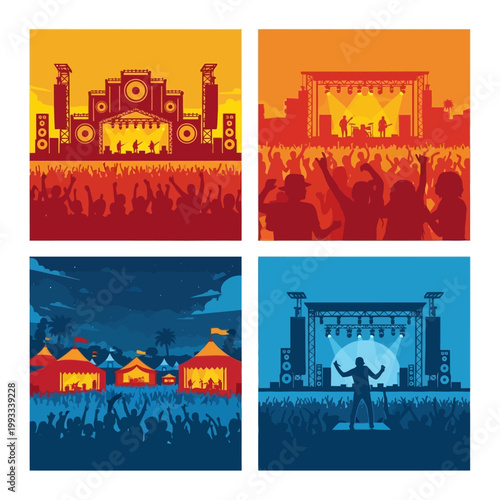 Vibrant Music Festival Scenes: Stage, Crowd, Tents, and Performance