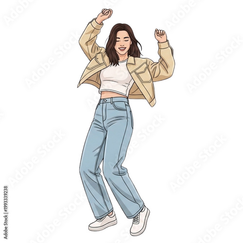 Woman dancing with enthusiasm wearing casual clothes on transparent background PNG