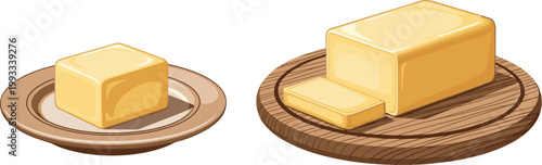 Butter Cubes and Block on Plate and Wooden Board Illustration with Sliced Dairy Product for Cooking Baking Kitchen Food Design