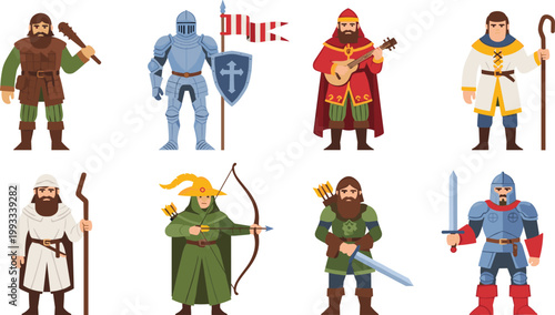Medieval Characters Set Featuring Knight Bard Monk Archer Warrior and Guards for Fantasy RPG and Historical Illustration Design.