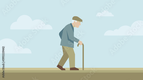 Elderly man walking with a cane.
