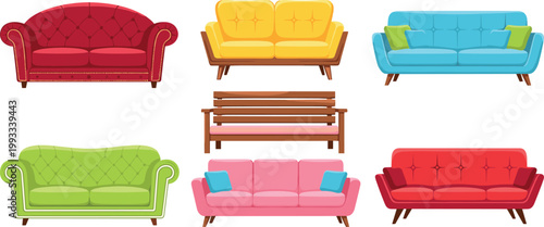 Colorful Sofa Collection Set with Modern Couches and Wooden Bench for Living Room Interior Furniture Design Illustration