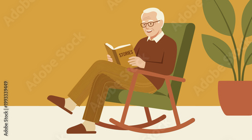 Elderly man relaxing in a rocking chair.