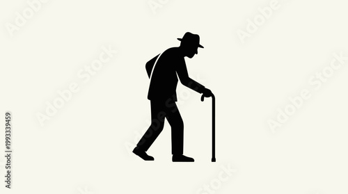 Silhouette of elderly man walking with cane.