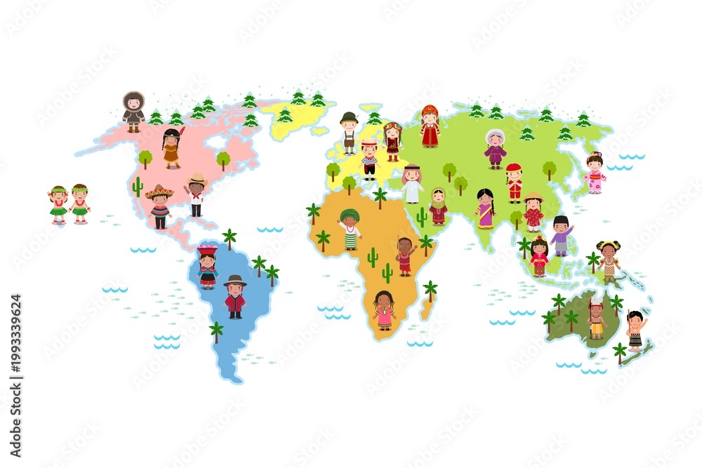 Obraz premium Colorful illustrated world map featuring children in traditional clothing from different cultures across continents, shown from a top-down perspective with playful icons, highlighting global diversity