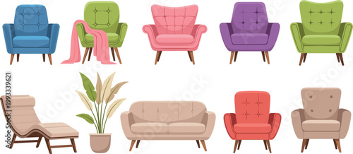 Modern Furniture Collection with Colorful Armchairs Sofa Lounge Chair and Indoor Plant for Living Room Interior Design Illustration Set