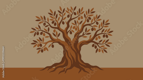 Brown tree with roots and leaves.