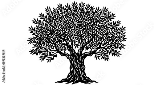 A black and white illustration of a tree with sprawling branches and roots.