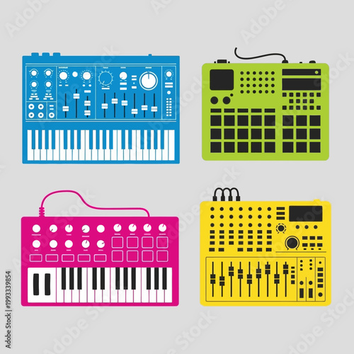 Colorful Synthesizer Keyboards and Drum Machines on a Gray Background