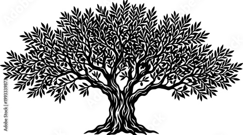 A black and white illustration of a tree with sprawling branches and roots.