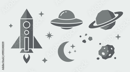Space icons with rocket and planets.