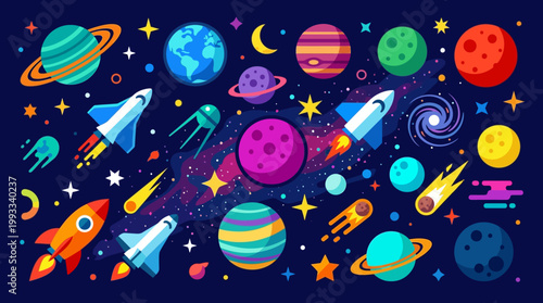 Colorful illustration of space objects and rockets.