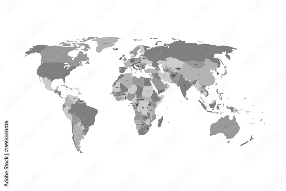 Obraz premium Detailed grayscale world map with clearly labeled countries and borders, shown from a flat top-down perspective. Minimalist cartographic design emphasizes geographic accuracy and global reference.