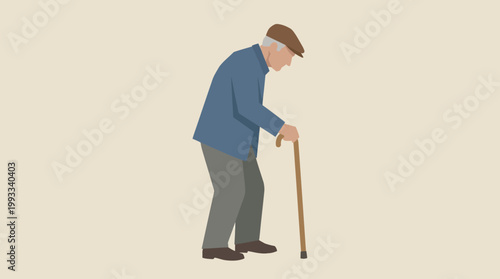 Elderly man using a walking stick.