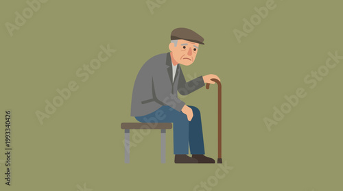 An elderly man sitting on a bench with a cane.