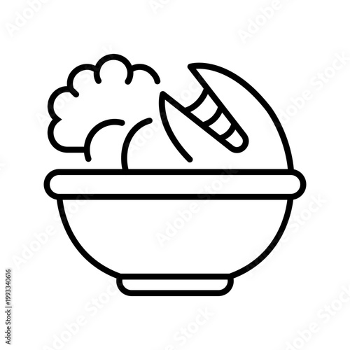 Seafood bowl icon. Food and seafood line symbol. Black and white.