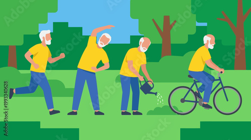 Illustration of senior man exercising outdoors.