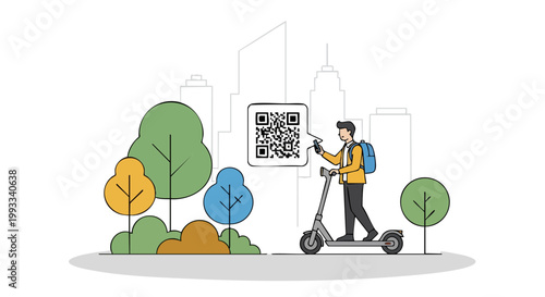 Electric scooter sharing app concept with man scanning QR code