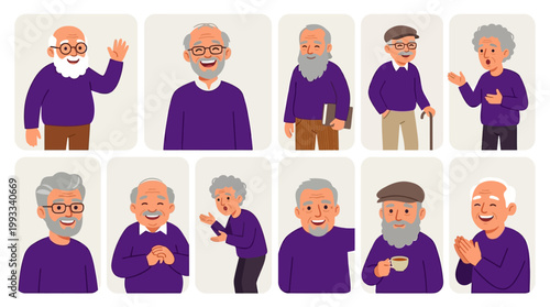 Illustrations of elderly man in various poses.