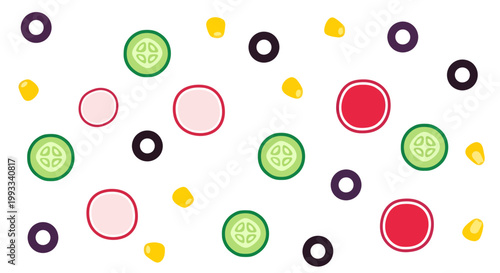 Flat Vector Illustration Set of Fresh Vegetable Particles with Corn Cobs Sliced Radish and Cucumber Wedges Isolated on White Background for Healthy Food Design