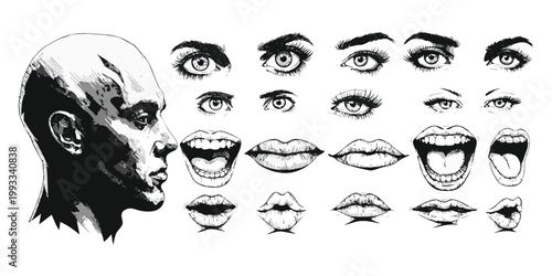 A funny cartoon set of monster skulls and hipster heads featuring diverse people with glasses, beards, and fashion sunglasses in a black silhouette vector drawing illustration.