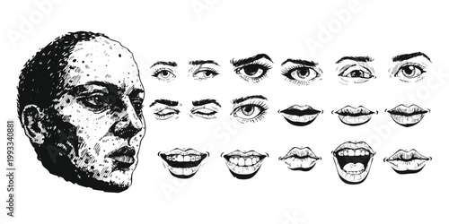 A hipster character illustration set featuring a skull and crossbones avatar with a beard, mustache, and glasses, showing a skull on black drawing alongside a smiling person silhouette.