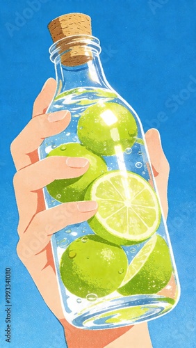 Hand holding bottle with lime slices