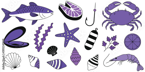 Seamless vector illustration set of marine animals and sea shells featuring summer beach nature elements like fish and starfish in an ocean themed wallpaper design.