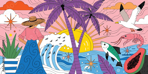 Seamless vector illustration of a tropical paradise landscape featuring patterns of flowers, birds, and autumn leaves with palm trees, a sunny beach, and a relaxing summer resort on a sea island.