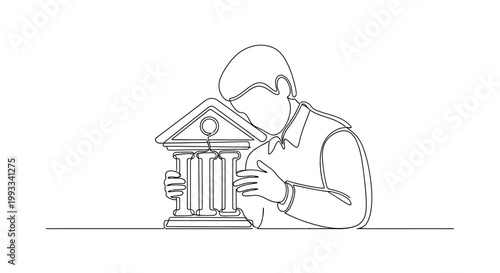 Man hugging bank building, financial security, trust, protection, investment, financial planning