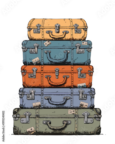 A vintage leather briefcase sits open to reveal an old computer hard drive and disk alongside a network cable, illustrating a business journey through a vector design of equipment and luggage.