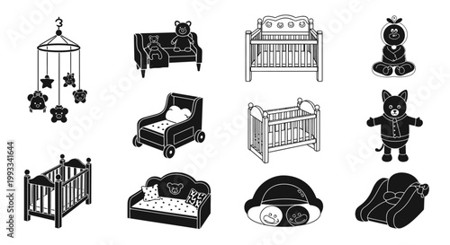 Collection of Baby Furniture and Toys Icons: Cribs, Strollers, Mobiles, and More