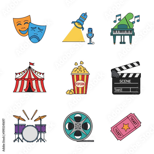 Entertainment Icons: Theater, Music, Circus, Cinema, Concert, Tickets
