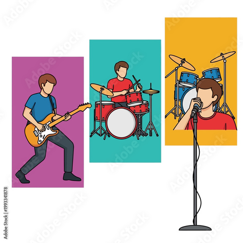 Rock Band Performance: Guitarist, Drummer, and Singer Live Music
