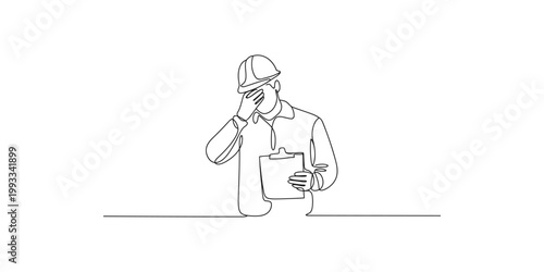 A stressed construction worker holding a clipboard and rubbing his forehead while standing isolated on white background