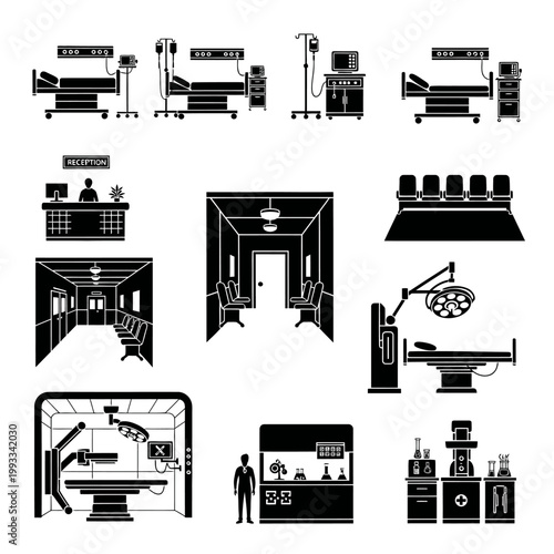 Hospital Medical Equipment and Interior Icons Set: Operating Room, ICU, Reception