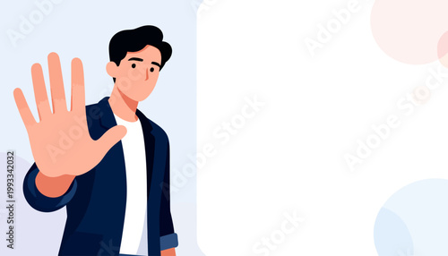 Young man gestures stop with open palm