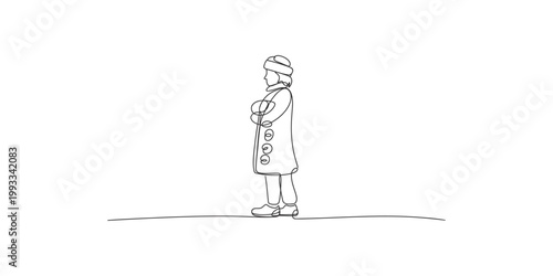 A simple line drawing of a person wearing a coat and hat standing alone on a plain surface