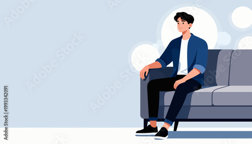 Young man sits alone on modern gray sofa