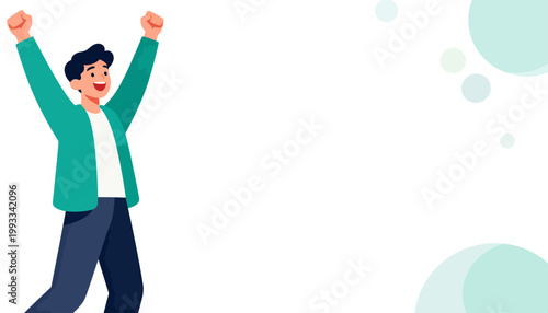 Man celebrates with joy, arms raised high