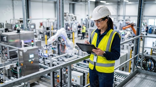 A female robotics engineer in an R and D lab uses a tablet to program an artificial intelligence cobot. She is inspecting the robotic system hardware 