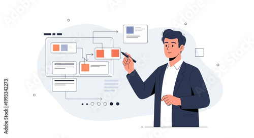 Man presenting a flowchart, business strategy, planning, and project management concept